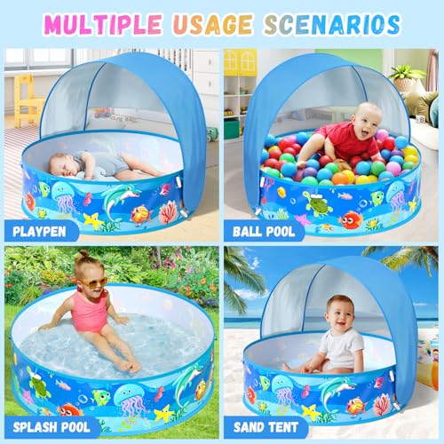 Baby Beach Tent, Pop-Up Above Ground Pool, Foldable Kiddie Pool with Sun Shelter Canopy for Ages 9-48 Months, Toddler Wading Pool, Portable Water Play Sum Toys for Outdoor Activity - color: Blue-1