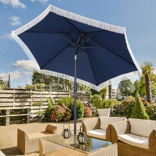 GDY 7.5 ft Tassel Patio Umbrella, Fringe with Umbrella Base - Stylish Beach, Pool, and Yard Umbrella for Ultimate Outdoor Decor, Navy Blue - color: Dark Blue, size: Umbrella+Base