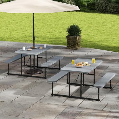 LDAILY Picnic Tables with Benches, Rectangular Dining Table Set for Outside 4 People, HDPE Tabletop, Metal Frame, Umbrella Hole, Heavy Duty Picnic Table for Outdoors, Patio, Lawn, Commercial (Gray) - color: Grey