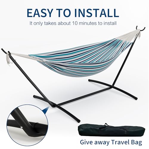 Double Hammock with Steel Stand - 2 Person Hammock Bed Indoor Outdoor, Brazilian-Style, with Carry Bag, 450lb Capacity, Portable & Easy Assembly, Ocean - color: Ocean