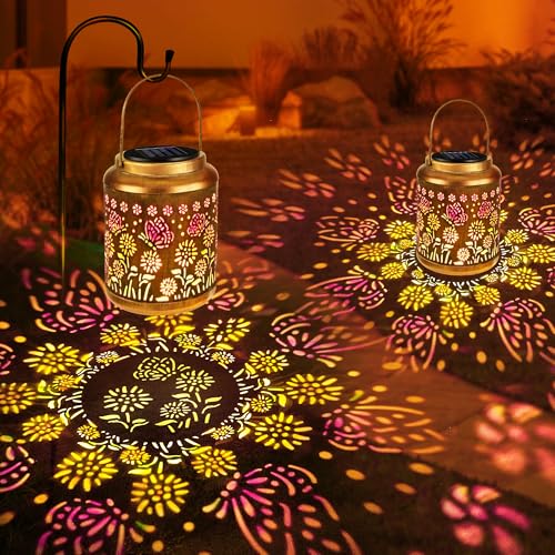 Brizled Butterfly Solar Lantern Lights with Colorful Projection, Christmas Birthday Gifts for Women Mom Grandma, Multicolor Hanging Lights Outdoor Waterproof, Solar Lantern Lights for Garden Patio - size: 2 Pack, style: Butterfly-C