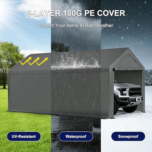 Carport, 10x20ft Heavy Duty Car Port, Portable Garage with Steel Frame, Carports Canopy Storage Shed Party Tent with Waterproof Tarp for Car Boat Truck (Grey) - color: Gray