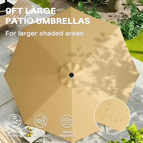 LEVELEVE 9FT Outdoor Patio Umbrella with Easy Crank - UV Resistant & Waterproof Market Umbrella with Ventilated Canopy, 8 Sturdy Ribs & Powder-Coated Frame for Garden, Deck, Backyard, Pool, Patio Table - color: Khaki, size: 9FT