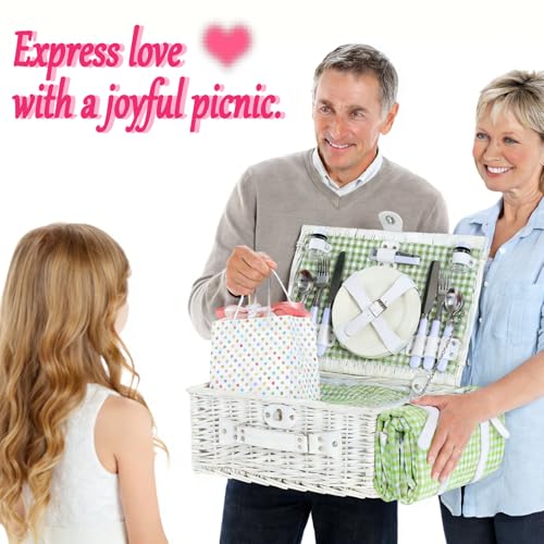 Picnic Basket Set for 4 with Waterproof Blanket Mat Insulation Bag Wicker White Green Plaid Classic Fresh Gift for Christmas Thanksgiving Wedding Birthday Camp Outdoor Beach Travel - color: Green Plaid