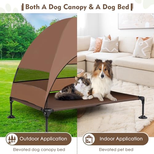 Upgraded Elevated Dog Bed with Canopy, Portable Raised Outdoor Dog Bed with Stable Anti-Slip Feet, Raised Wider Shade Pet Bed Cot for Large Dogs Camping, Indoor & Outdoor Use - color: Dog Canopy-Brown, size: 42.0"L x 30.0"W x 33.0"Th