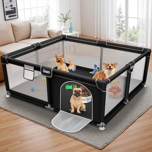 50x50x26 Inches Puppy Playpen with Gate, Dog Playpen for Puppies or Small Dogs, Sturdy Safety Dog Fence Pet Playpen with Thickened Fabric, High-Strength Nylon Wire Mesh for Indoor & Outdoor,Washable - color: Black-Large