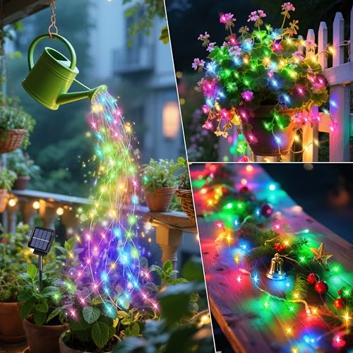 ANGMLN Solar Fairy String Lights Outside, 10 Strand 200 LEDs 8 Modes Watering Can Light for Outdoor（No Can）, Firefly Bunch Lights Waterproof Solar Powered Waterfall Lights for Garden Decor - style: Waterfall String Lights multi-color