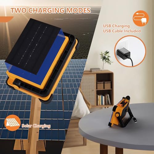 120W Solar Rechargeable Work Light, 144 LED 10000LM Portable Flood Light with Stand, IP66 Waterproof 4 Modes LED Job Site Lighting Flashlights for Mechanic Camping Fishing Car Repair - style: Yellow 1 Pack