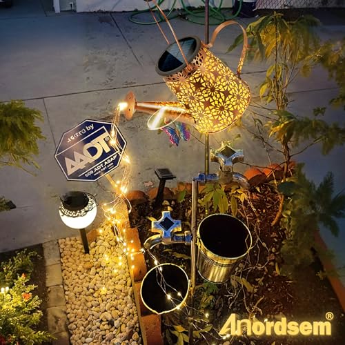 Anordsem Solar Watering Can Lights: Metal Flower Lantern Outdoor with Hook - Waterproof Garden Art Hanging Decoration for Yard Patio Lawn - Christmas Birthday Gifts for Women Mom Grandma - color: Flower-pattern