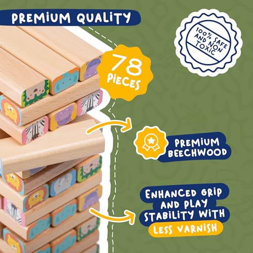Nene Toys Wooden Block Stacking Game – 4-in-1 Tumble Tower Family Board Game with Building Blocks, Cards and Dice – African Safari Educational Wooden Toy for Kids 3-9 Years Old About Animals - style: Safari
