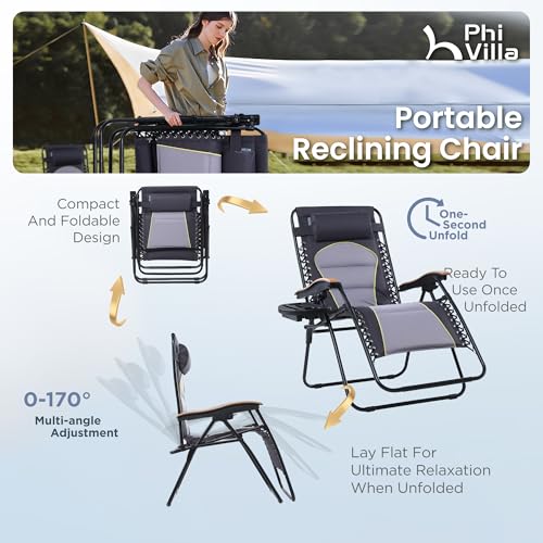 PHI VILLA XXL Oversized Padded Zero Gravity Chair Set of 2, Foldable Patio Recliner, 30" Wide Seat Anti Gravity Lounger with Armrest and Cup Holder, Support 400 LBS (Grey Accents) - color: Gray Accents, style: 2 Pcs
