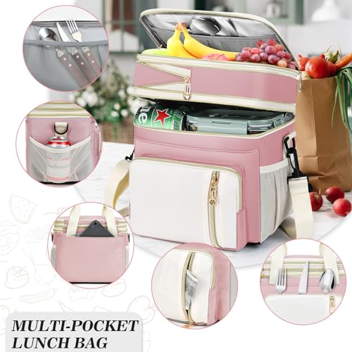 Lunch Box & Lunch Bag for Women, Large Insulated Adult Lunch Box Leakproof Lunchbox Cooler Bag for Work Picnic Beach,16L, Light Pink & White - color: Light Pink