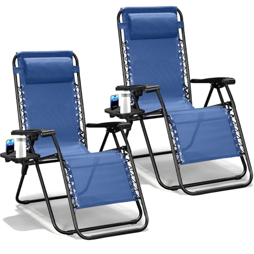 Zero Gravity Chairs Set of 2, Adjustable Lounge Chair Outdoor Recliner, Folding Reclining Lawn Chair, Anti Gravity Chair with Pillow & Cup Holder for Pool Camping Sunbathing Beach Patio