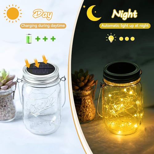 Dracarys Mason Jar Solar Lights Lids,6 Pack 20 LED Bulbs Solar String Lights (NO Jars&Hanger), Garden Shed Windows Decor Lanterns Fairy Lights Outdoor - color: White Warm
