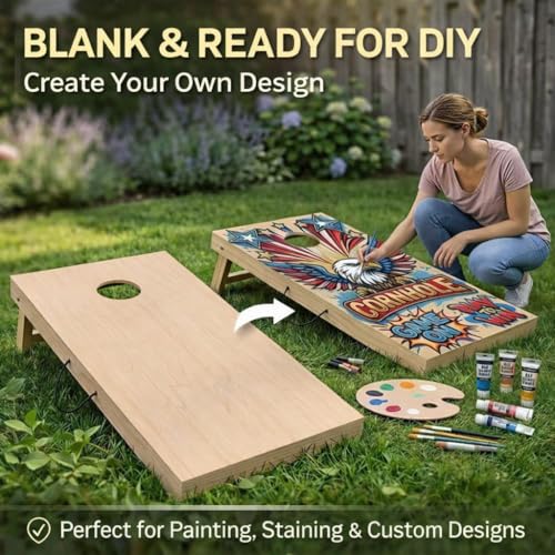 Solid Cornhole Boards Set 4x2FT Regulation Size, Solid Wood Outdoor Corn Hole Game for Adults & Family, Waterproof All Weather with 8 Bean Bags & Carry Bag for Backyard Tailgate Beach Oak/Vintage/DIY