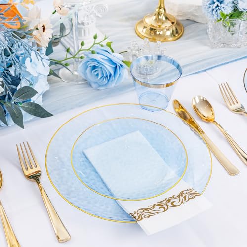 DaYammi 350PCS Clear Blue Gold Plastic Dinnerware Set for 50 Guests, Hammered Disposable Plates for Party, Include: 50 Dinner Plates, 50 Dessert Plates, 150 Gold Silverware, 50 Napkins, 50 Cups - color: Clear Blue, size: 350 Pcs