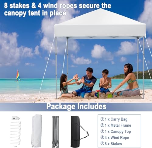 LDAILY 6.6 x 6.6 Ft Pop Up Canopy, Portable Canopy Tent Heavy Duty Instant Canopy w/Center Lock, 8 Stakes, 4 Ropes, Carry Bag, Sun Protection, Easy Up Outdoor Canopy for Party, Camping, Patio (White) - color: White
