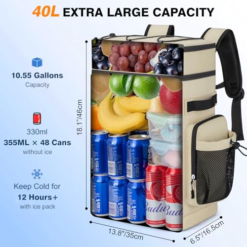 Insulated Cooler Backpack, 40L Leakproof Backpack with Double Compartments for Men & Women, Large Lunch Cooler for Camping, Beach, Travel, Picnic, Up to 48 Cans - color: Beige