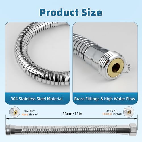 Hibbent All Metal Garden Hose Protector, Stainless Steel Flexible Hose Extension Adapter with 3/4" Female to Male Brass Connector, Anti-twist Hose Extender for Garden, Car Wash, Outdoor Faucet, Chrome