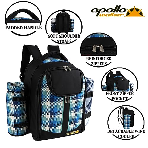 apollo walker Picnic Backpack Bag for 2 Person with Cooler Compartment, Detachable Bottle/Wine Holder, Fleece Blanket, Plates and Cutlery Set - color: Black1, size: 2 Person