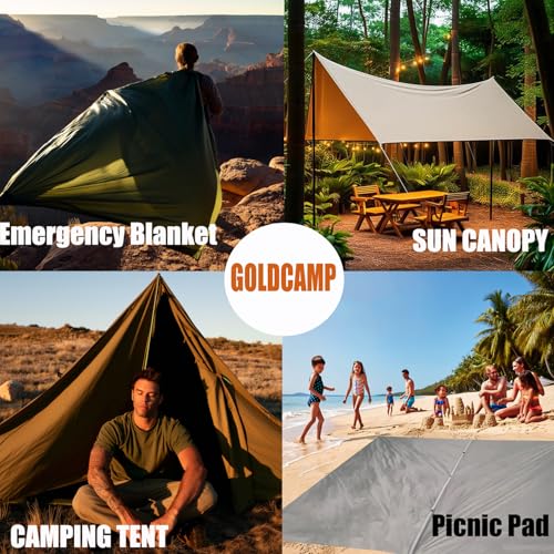 GOLDCAMP Waterproof Camping Tarp，70D Nylon 10X13.2ft Hammock Rain Fly ，UV 50+ and PU15000mm Tent Tarp Shelter Canopy，Heavy Duty Multifunctional Sun Shade Essentials for Hiking (120''X120'') - size: 120''X120''