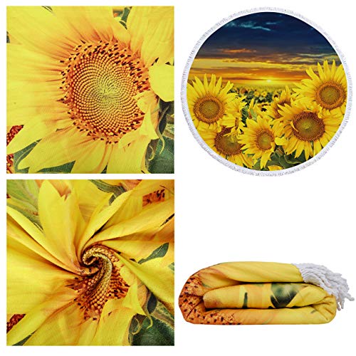Violet Mist Sunflower Round Beach Blanket 60" x 60" Soft Microfibre Circular Beach Towel Throw with Fringe Large Sand Free Circle Beach Blanket with Tassels for Women Travel Swimming Pool Picnic Towel - color: Sunflower