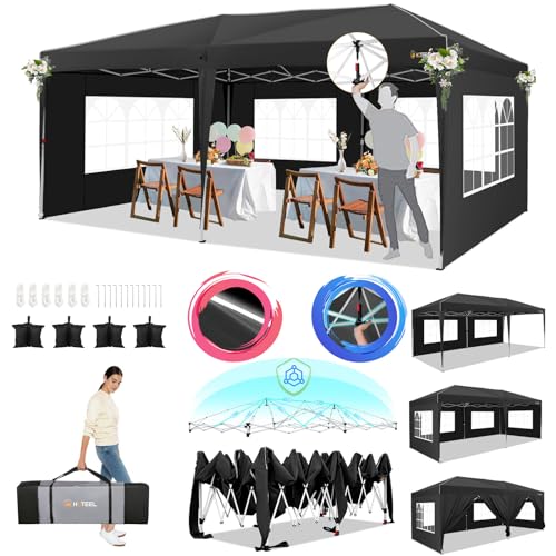 HOTEEL 10x20 Pop Up Canopy Tents for Parties with 6 Sidewalls & 8 Wind-Resistant Rods & Carry Bag, Outdoor Tent Easy Setup for Wedding, Patio Events, Commercial, Waterproof and UV50+ Protection,Black - color: Black, size: 13x26FT (+4 Walls)