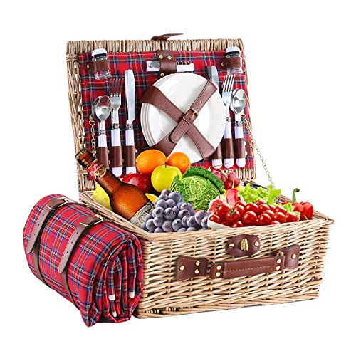 Wicker Picnic Basket for 4 with Waterproof Picnic Blanket and Insulated Cooler, Willow Hamper for Camping, Outdoors, Photoshoot, or a Birthday, Valentine’s Day, Wedding Gift - color: Red Grid