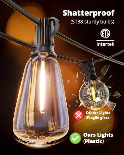 VIPAR Outdoor String Lights 60FT LED Patio Lights LED Waterproof with 26+2 Shatterproof ST38 Edison Bulbs, 2700K Connectable Outside Hanging Light for Porch, Garden, Backyard, Deck, Balcony, Decor - size: 60FT