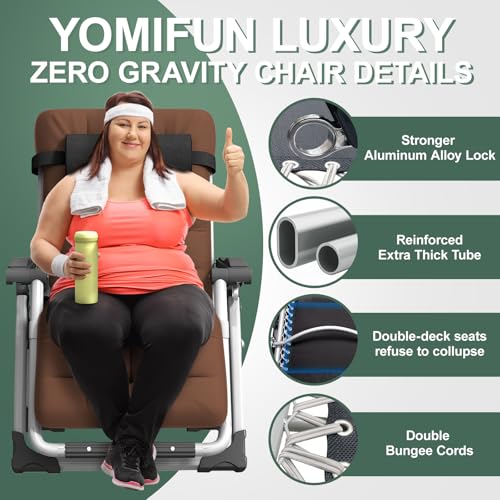 XL Zero Gravity Lounge Chair 29", Oversized Padded Folding Recliner for Patio with Storage Bag, Removable Cushion, Footrest, Full Aluminum Lock & Large Cup Holder, Supports 450 lbs, Brown - color: 29in - Brown