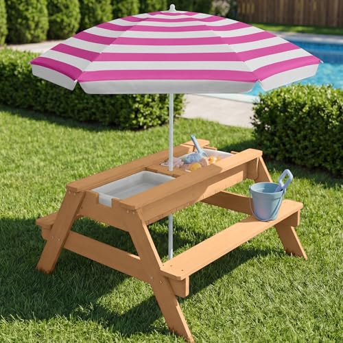 Best Choice Products Kids Picnic Table with Umbrella, 3-in-1 Sand & Water Table, Outdoor Convertible Picnic Table for Toddlers, Seats 4, Removable Top, 2 Buckets - Natural/Dark Pink - color: Natural/Dark Pink