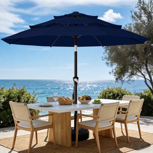 AreShark 9ft 3-Tier Patio Umbrellas, Outdoor Umbrella with 8 Sturdy Ribs UV Protection Windproof, Market Table Umbrella w/Push Button Tilt & Crank for Pool, Porch, Deck, Garden(Navy) - color: Navy