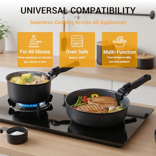 Ammeloo 18-Piece Ceramic Pots and Pans Set Non Stick, Non Toxic Cookware Set with Removable Handles, Pot Sets for Cooking, Induction Ready, Dishwasher & Oven Safe, PFAS PFOA & PTFE Free (Black) - color: Black