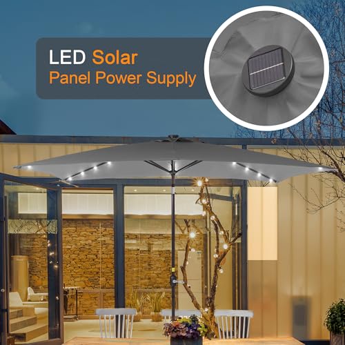 Rectangle Patio Umbrella with Solar Lights, 10 x 6.5ft Rectangular Outdoor Umbrella Table Market Patio Umbrella with Push Button Tilt and Crank for Garden, Deck, Backyard, Pool - color: Senior Ash