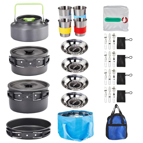 ROVSUN 34/10/6 pcs Camping Cookware Mess Kit, Lightweight Non-Stick Camping Cooking Pot and Pan Set with Stainless Steel Camping Gear Kettle Cup for Open Fire, Backpacking, Outdoor Cooking - style: 34 Pcs