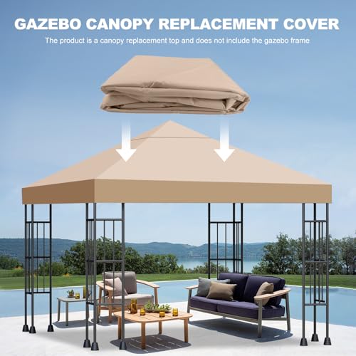 10x10 Gazebo Canopy Replacement Top, 300D High-Density Waterproof Single Layer Gazebo Cover with Heavy Duty Sun Shade Canopy, Folded UV Blocking Canopy Roof for Outdoor Patio Garden Tent Top (Khaki) - color: Khaki