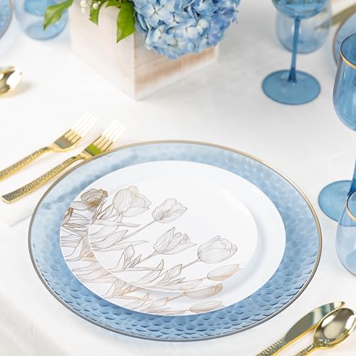 PLASTICPRO 32 Pack Elegant Disposable Plastic Plates Combo Set Includes 16 Dinner Plates and 16 Salad Plates Heavy Duty Fancy Party Plates White & Gold Tulip Design - color: White & Gold Tulip Design