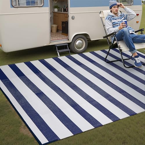 PureCozy Outdoor Waterproof Patio Rug 6x9 Plastic Straw Reversible Lightweight Outside Navy Blue Striped Large Carpet Outdoor for Camping RV Porch Deck Balcony Beach - color: Stripe | Navy Blue, size: 6' x 9' (Rectangular)