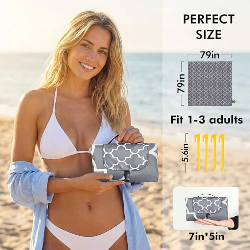 Beach Blanket Waterproof Sandproof, 79 x 79in Large Beach Mat for 1-3 Adults, Quick Drying Lightweight Durable Outdoor Picnic Mat with Stakes for Travel Camping Hiking (Grey)