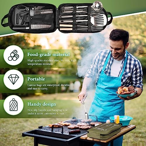 Camping Cooking Utensils Set, Stainless Steel Grill Tools, Camping BBQ Cookware Gear and Equipment for Travel Tenting RV Van Picnic Portable Kitchen Essentials Accessories - color: Green-13 PCS