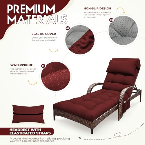 Outdoor Chaise Lounge Chair Cushion, Waterproof Outdoor Chair Cushions for Patio Furniture, 71 x 21 x 4 Inches Replacement Chaise Lounge Cushion with Ties (Red) - color: Red