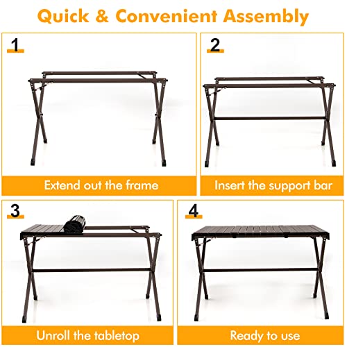 HAPPYGRILL Roll-up Folding Picnic Table Portable Aluminum Camping Table with Safety Latch, Solid Aluminum Frame, Storage Bag Included, Outdoor Lightweight Table for Camping