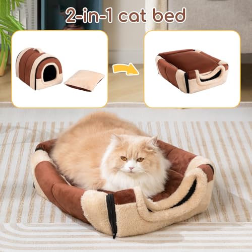 Hollypet Cat Bed Self-Warming 2 in 1 Foldable Kitty Cave Hut House Nest Pet Sleeping Bed, Crystal Velvet Pet Condo for Indoor Cats, Brown Arched Cave - color: Brown Arched Cave