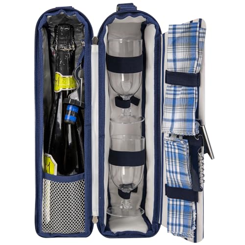 ALLCAMP Wine Tote Bag with Cooler Compartment，Picnic Set Carrying Two Sets of Tableware（Blue Stripe） - color: Blue Stripe, size: 1 Bottle