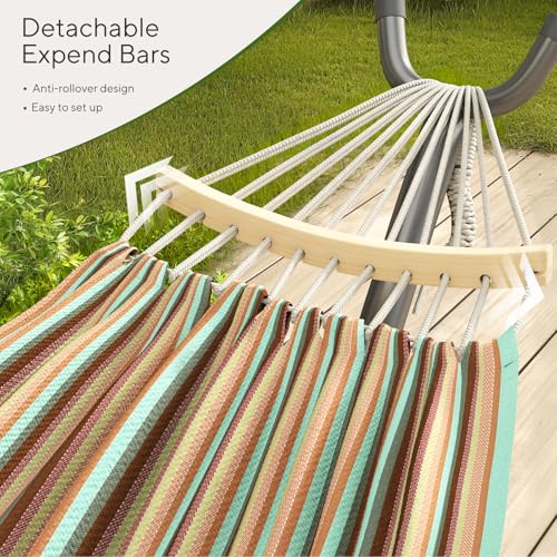 600lbs Hammock with Stand for Outside, 2 Person Portable Hammock with Side Storage, Carrying Bag, Expend Wooden Bar for Outdoor or Indoor (Dark Rainbow) - color: Dark Rainbow