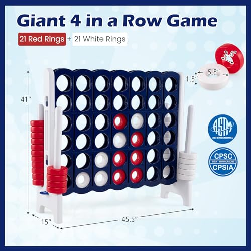 KOTEK Giant 4-in-a-Row Game, 3.5 Feet Tall Jumbo 4-to-Score Family Fun Game with Quick-Release Sliders & 42 Large Rings, Oversized Connect Plastic Yard Game Outdoor for Kids & Adults(Royal Blue+White) - color: Royal Blue+white