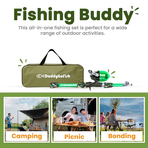 DaddyGoFish Kids Fishing Pole - Rod Reel Combo Tackle Box Starter Set - First Year Small Gear Kit for Boys Girls Toddler Youth Age Beginner Little Children - color: Green (Essential Set), size: 5ft