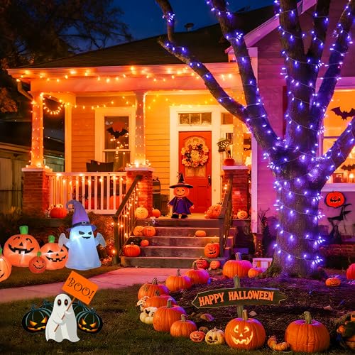JMEXSUSS 168ft 600 LED Halloween Decor Lights Outdoor Clear Wire, Orange Purple String Lights Indoor Plug in,Halloween Lights for Tree Porch Yard Decorations - color: Orange to Purple, size: 600 LED