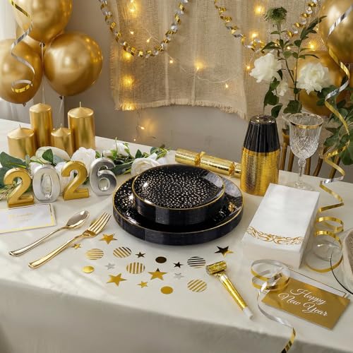DaYammi 175PCS Clear Black and Gold Plastic Dinnerware Set for Party, Hammered Disposable Plates for Party, Include: 25 Dinner Plates, 25 Dessert Plates, 75 Gold Silverware 25 Napkins 25 Cups - color: Clear Black, size: 175 Pcs
