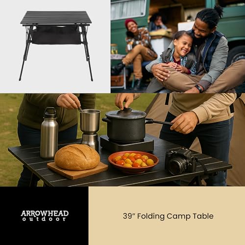 ARROWHEAD OUTDOOR 39" Aluminum Folding Camp Roll Up Table w/Adjustable Height, Undertable Mesh Storage, Carry Bag - color: Black
